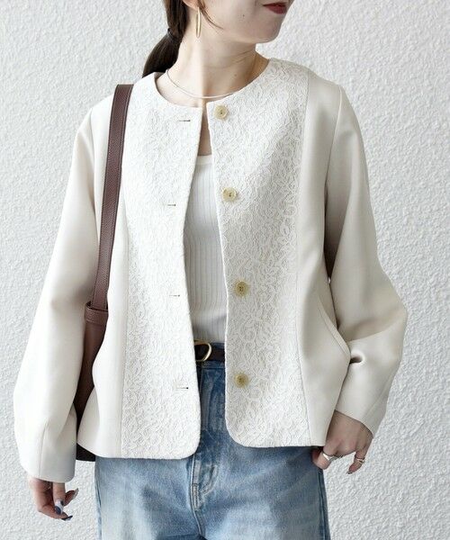 SHIPS / シップス ノーカラージャケット | 《予約》SHIPS any:〈手洗い可能〉ダブルクロス レース 切替 ノーカラー ジャケット［NAVY BLUE］ | 詳細4