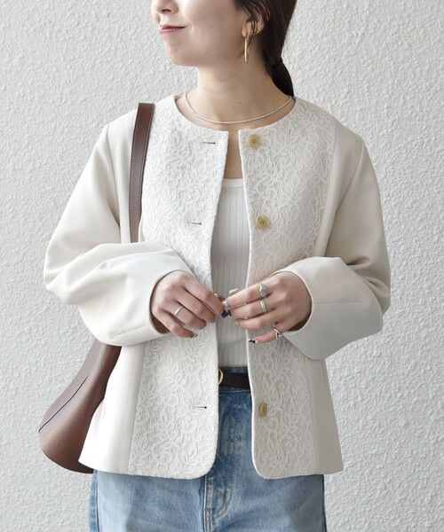 SHIPS / シップス ノーカラージャケット | 《予約》SHIPS any:〈手洗い可能〉ダブルクロス レース 切替 ノーカラー ジャケット［NAVY BLUE］ | 詳細7