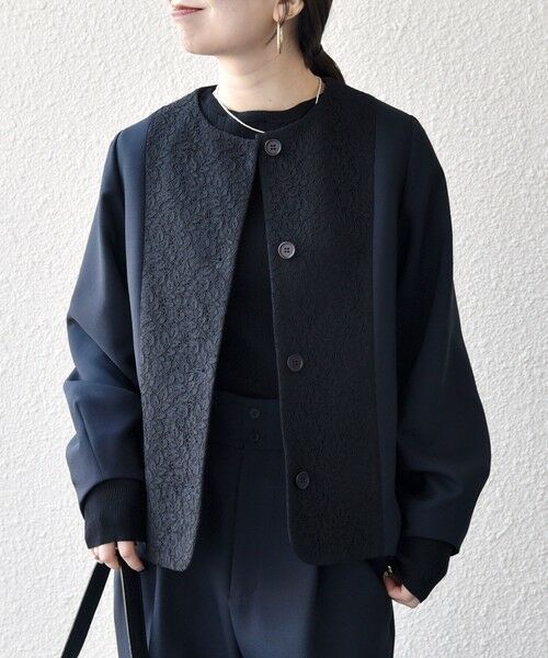SHIPS / シップス ノーカラージャケット | 《予約》SHIPS any:〈手洗い可能〉ダブルクロス レース 切替 ノーカラー ジャケット［NAVY BLUE］ | 詳細16