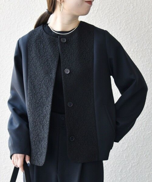 SHIPS / シップス ノーカラージャケット | 《予約》SHIPS any:〈手洗い可能〉ダブルクロス レース 切替 ノーカラー ジャケット［NAVY BLUE］ | 詳細17