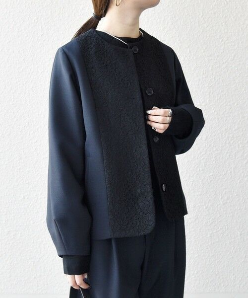 SHIPS / シップス ノーカラージャケット | 《予約》SHIPS any:〈手洗い可能〉ダブルクロス レース 切替 ノーカラー ジャケット［NAVY BLUE］ | 詳細18