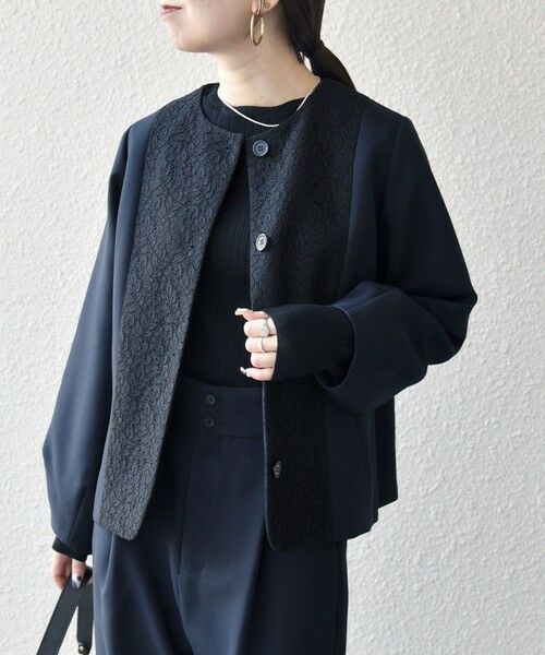 SHIPS / シップス ノーカラージャケット | 《予約》SHIPS any:〈手洗い可能〉ダブルクロス レース 切替 ノーカラー ジャケット［NAVY BLUE］ | 詳細21