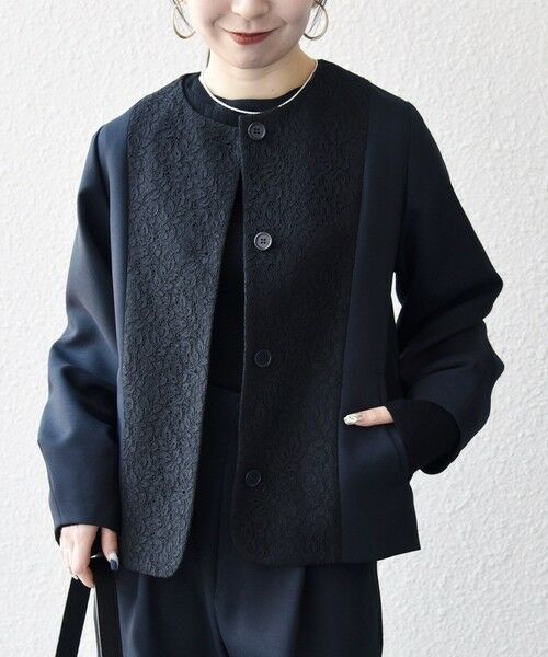 SHIPS / シップス ノーカラージャケット | 《予約》SHIPS any:〈手洗い可能〉ダブルクロス レース 切替 ノーカラー ジャケット［NAVY BLUE］ | 詳細22