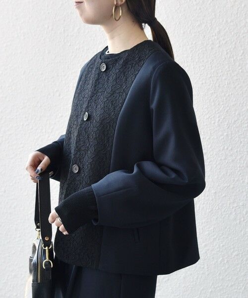 SHIPS / シップス ノーカラージャケット | 《予約》SHIPS any:〈手洗い可能〉ダブルクロス レース 切替 ノーカラー ジャケット［NAVY BLUE］ | 詳細23