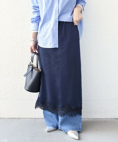 SHIPS / シップス ロング・マキシ丈スカート | 《予約》SHIPS Colors:〈手洗い可能〉サテン レース スカート◆（ネイビー）