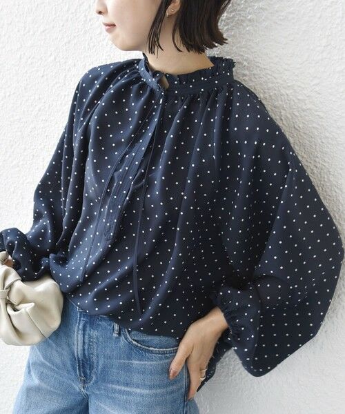 SHIPS / シップス シャツ・ブラウス | 《予約》〈手洗い可能〉ドット リボン デザイン 長袖 ブラウス（ネイビー）