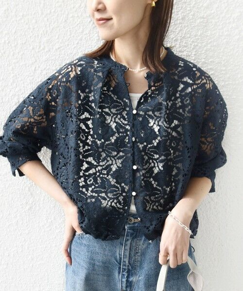 SHIPS / シップス シャツ・ブラウス | 《予約》〈手洗い可能〉裾 ドロスト レース ブラウス（ネイビー）