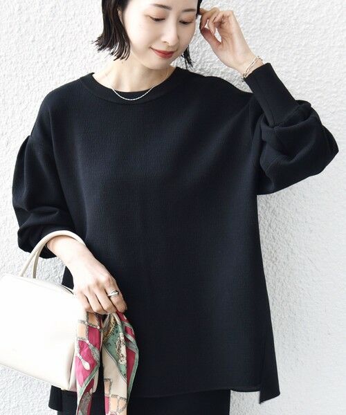 SHIPS / シップス カットソー（半袖以外） | 《予約》〈手洗い可能〉ダブル フェイス ニット リブ コンビ プルオーバー（ブラック）