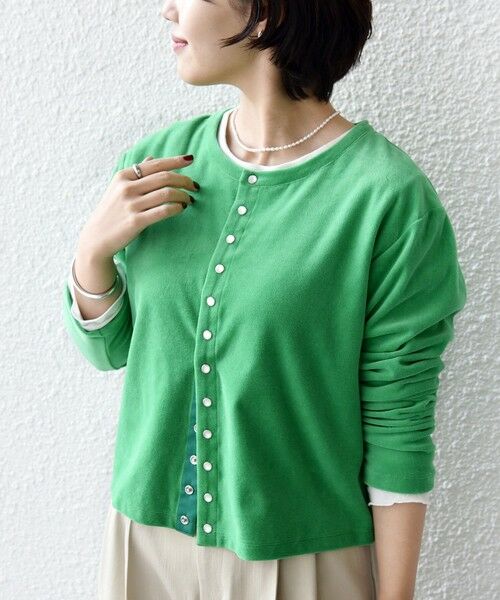 SHIPS / シップス カーディガン・ボレロ | 〈手洗い可能〉コットン ベロア パール モチーフ ボタン カーディガン（グリーン）