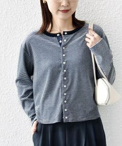 SHIPS / シップス カーディガン・ボレロ | 〈手洗い可能〉ポリエステル ベロア ボーダー パール モチーフ ボタン カーディガン