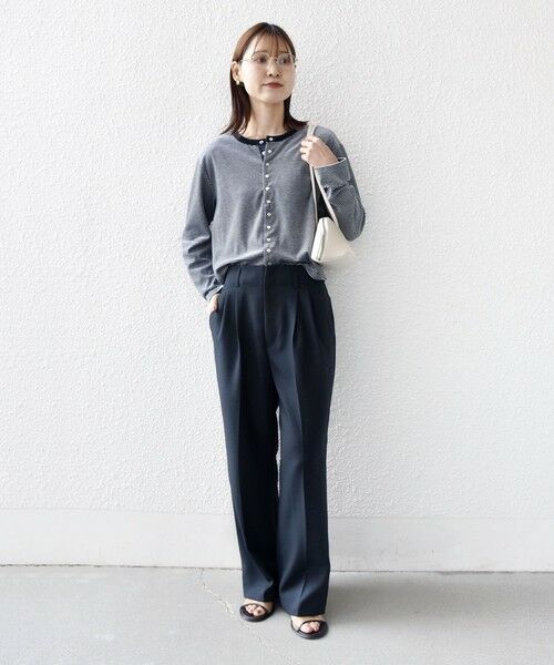 SHIPS / シップス カーディガン・ボレロ | 〈手洗い可能〉ポリエステル ベロア ボーダー パール モチーフ ボタン カーディガン | 詳細1