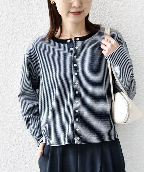 SHIPS / シップス カーディガン・ボレロ | 〈手洗い可能〉ポリエステル ベロア ボーダー パール モチーフ ボタン カーディガン（ネイビー）
