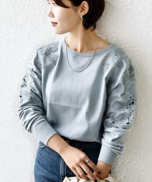 SHIPS / シップス ニット・セーター | 《予約》【WEB限定】〈手洗い可能〉ショルダー レース コンビ ニット プルオーバー(ライトブルー)