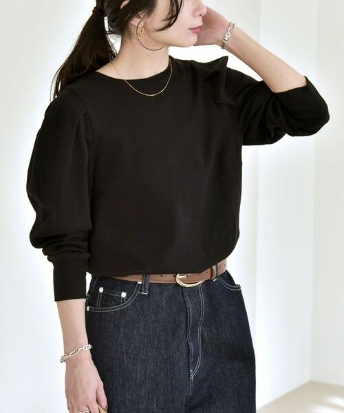 SHIPS / シップス カットソー | 《予約》quaranciel:〈洗濯機可能〉パワーショルダー クルーネック プルオーバー（ブラック）