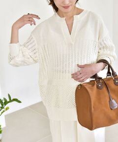 SHIPS / シップス ニット・セーター | 《予約》quaranciel:〈手洗い可能〉レース × メッシュ編み スキッパー ニット プルオーバー