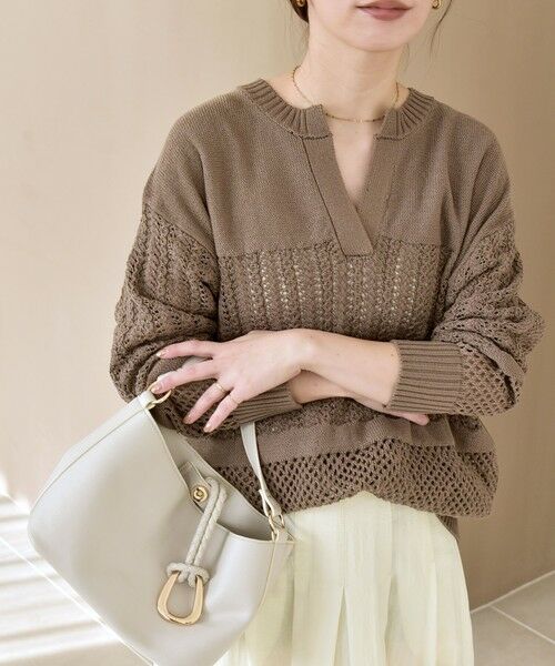 SHIPS / シップス ニット・セーター | 《予約》quaranciel:〈手洗い可能〉レース × メッシュ編み スキッパー ニット プルオーバー（ブラウン）