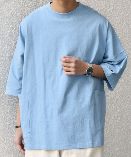 SHIPS / シップス Tシャツ | 【SHIPS any別注】Champion: ロゴ刺繍 ドルマン キャンプポケット Tシャツ◆（ライトブルー）