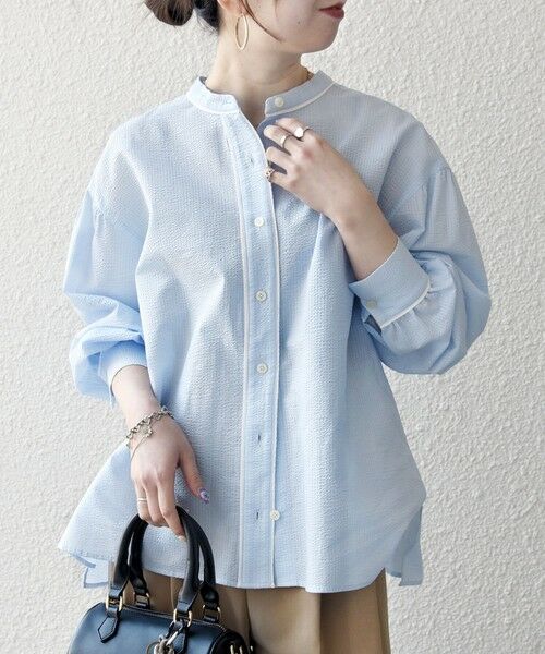 SHIPS / シップス シャツ・ブラウス | 《予約》SHIPS any:〈洗濯機可能〉サッカー バック リボン 配色 シャツ ブラウス（ライトブルー）