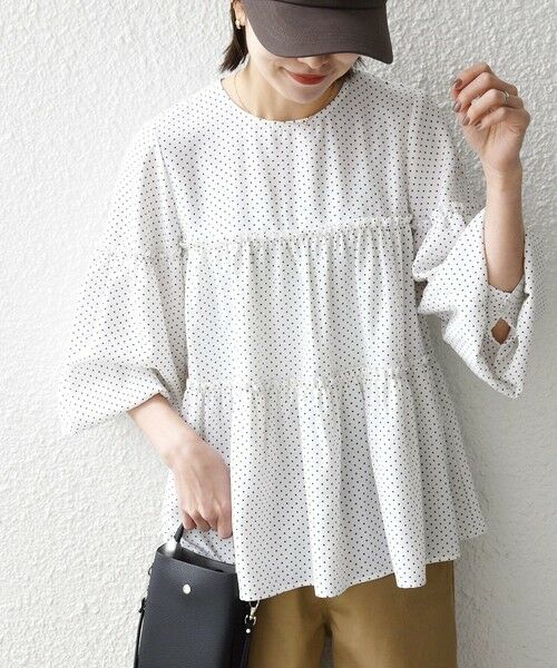 SHIPS / シップス シャツ・ブラウス | 《予約》SHIPS any:〈洗濯機可能〉ドット ノーカラー ティアード フレア ブラウス（ホワイト）