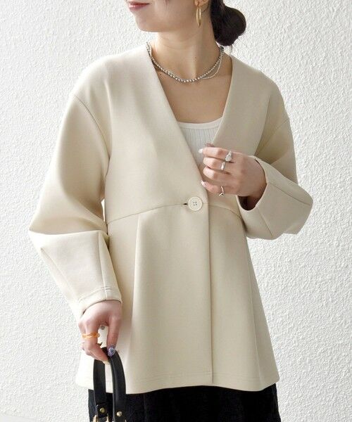 SHIPS / シップス ノーカラージャケット | 《予約》SHIPS any:〈手洗い可能〉ダンボール ペプラム Vネック ジャケット（ナチュラル）