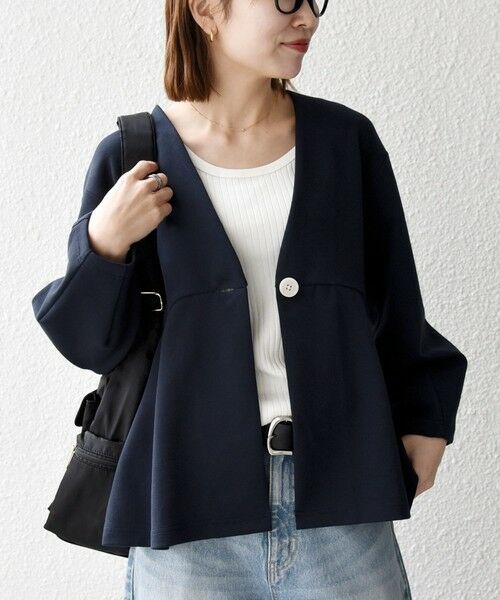 SHIPS / シップス ノーカラージャケット | 《予約》SHIPS any:〈手洗い可能〉ダンボール ペプラム Vネック ジャケット | 詳細15