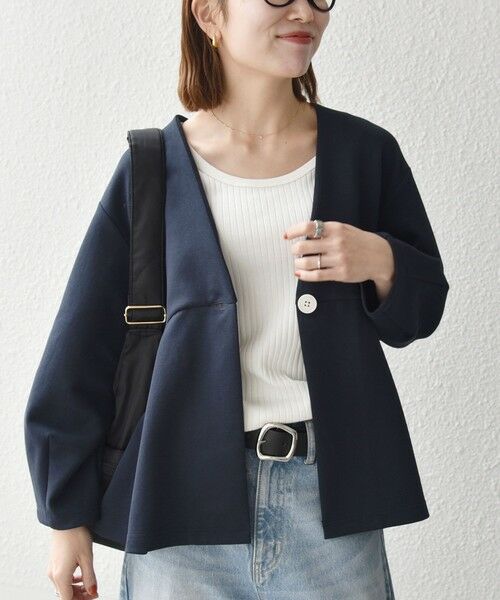 SHIPS / シップス ノーカラージャケット | 《予約》SHIPS any:〈手洗い可能〉ダンボール ペプラム Vネック ジャケット | 詳細20
