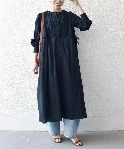 SHIPS / シップス ロング・マキシ丈ワンピース | 《予約》SHIPS any:〈洗濯機可能〉キャンブリック Aライン フリル シャツ ワンピース（ブラック）