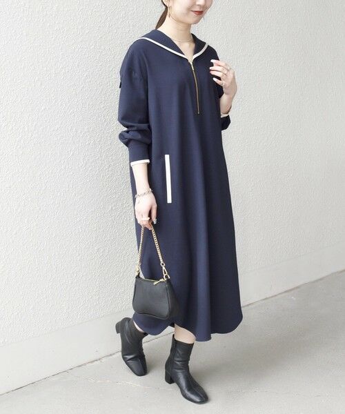 SHIPS / シップス ミニ丈・ひざ丈ワンピース | 《予約》SHIPS any:〈洗濯機可能〉セーラーカラー 配色 ジップ ワンピース（ネイビー）