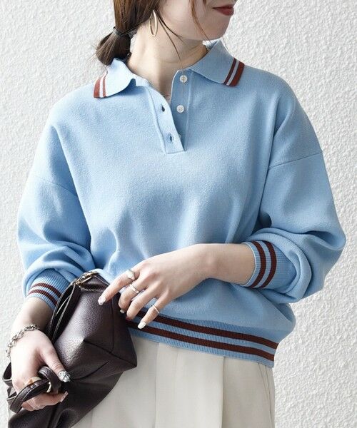 SHIPS / シップス ニット・セーター | 《予約》SHIPS any:〈手洗い可能〉コットン ミックス ライン ポロニット プルオーバー（ライトブルー）