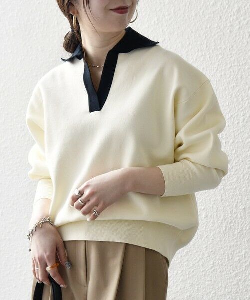 SHIPS / シップス ニット・セーター | 《予約》SHIPS any:〈手洗い可能〉バイカラー スキッパー ニット プルオーバー（オフホワイト）