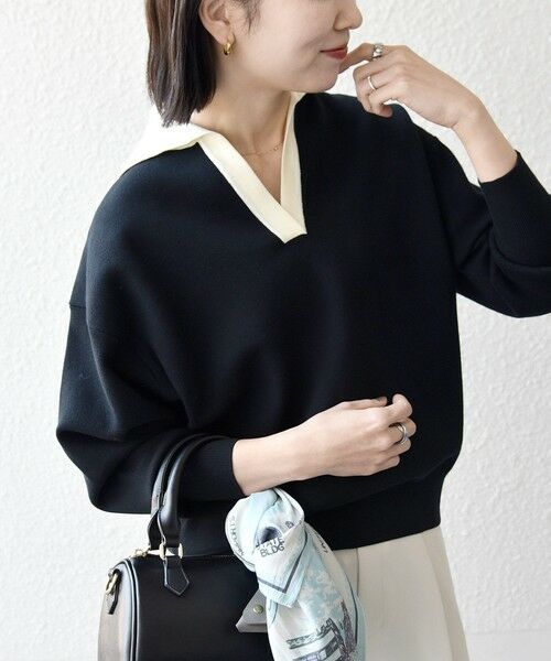 SHIPS / シップス ニット・セーター | 《予約》SHIPS any:〈手洗い可能〉バイカラー スキッパー ニット プルオーバー（ネイビー）