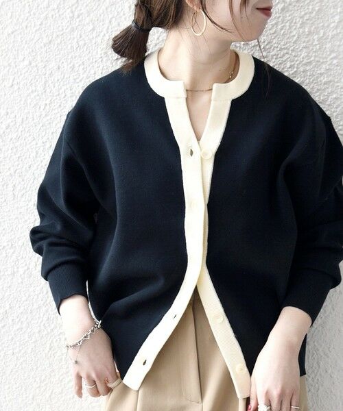 SHIPS / シップス カーディガン・ボレロ | 《予約》SHIPS any:〈手洗い可能〉バイカラー スキッパー ニット カーディガン（ネイビー）