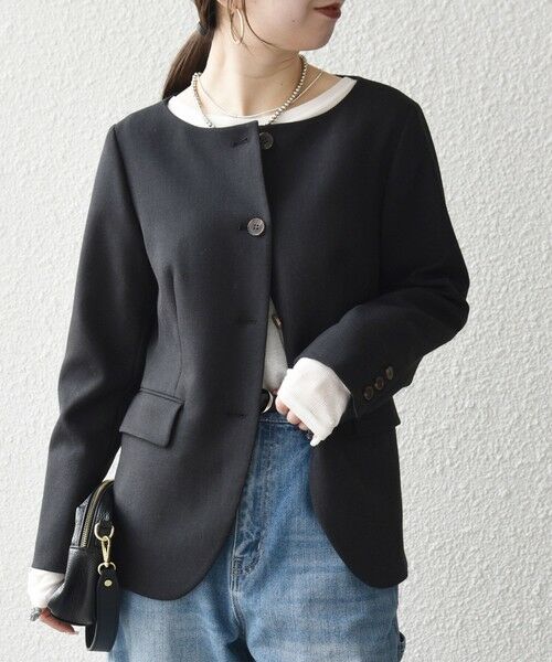 SHIPS / シップス ノーカラージャケット | 《予約》SHIPS any:〈洗濯機可能〉シャーク ノーカラー ジャケット（チャコールグレー）