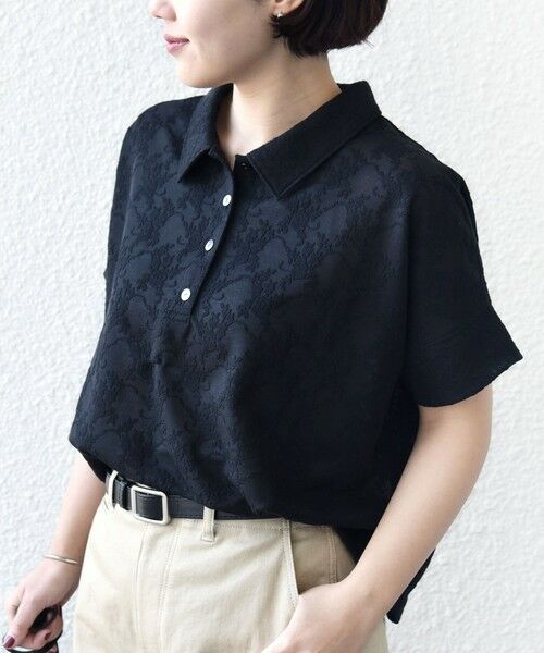 WEB限定】〈手洗い可能〉シアー ジャカード ポロ 襟 ショート スリーブ