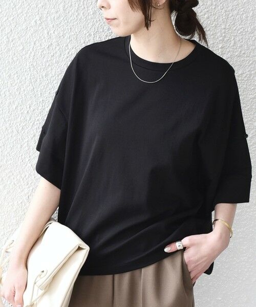 SHIPS / シップス Tシャツ | 《予約》SHIPS Colors:〈手洗い可能〉スムース 2WAYスリーブ ニュアンス TEE◆（ブラック）