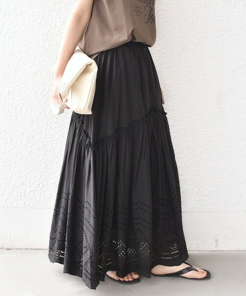SHIPS / シップス ロング・マキシ丈スカート | SHIPS Colors:〈手洗い可能〉スカラップ レース スカート（ブラック）
