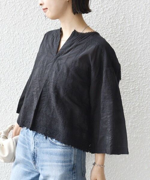 SHIPS / シップス シャツ・ブラウス | 《予約》〈手洗い可能〉パッチワーク レース ショート スリーブ 羽織 ブラウス（ブラック）