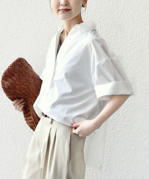 SHIPS / シップス シャツ・ブラウス | 《予約》〈手洗い可能〉無地/ストライプ スキッパー サイド スリット 半袖 シャツ（オフホワイト）