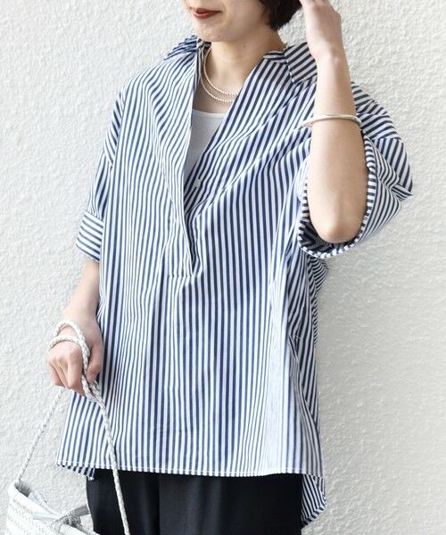 SHIPS / シップス シャツ・ブラウス | 《予約》〈手洗い可能〉無地/ストライプ スキッパー サイド スリット 半袖 シャツ（ネイビー）