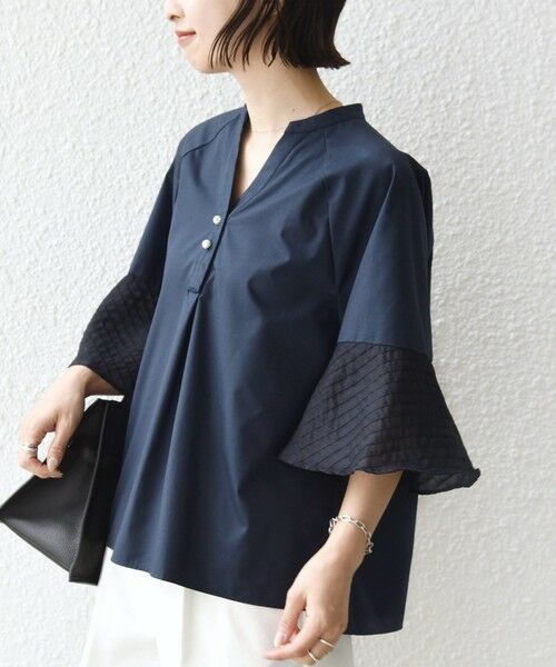 SHIPS / シップス シャツ・ブラウス | 《予約》〈手洗い可能〉シアー ボーダー フレア スリーブ 半袖 ブラウス（ネイビー）