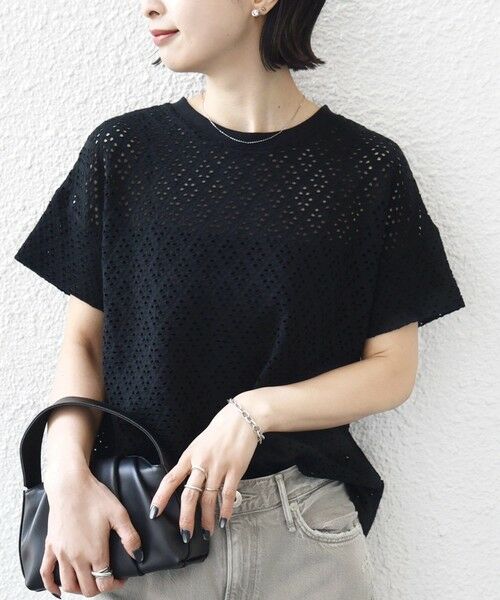SHIPS / シップス カットソー | 《予約》〈手洗い可能〉アイレット ショート スリーブ プルオーバー（ブラック）