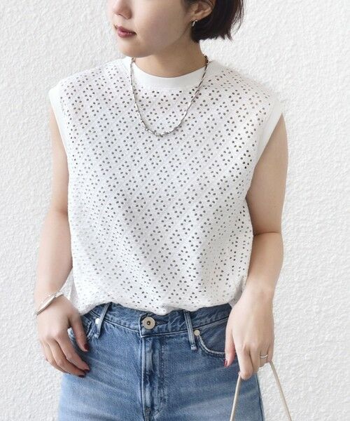 SHIPS / シップス カットソー | 《予約》〈手洗い可能〉アイレット ノースリーブ フレア プルオーバー（ホワイト）