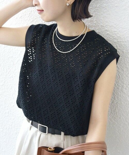 SHIPS / シップス カットソー | 《予約》〈手洗い可能〉アイレット ノースリーブ フレア プルオーバー（ブラック）