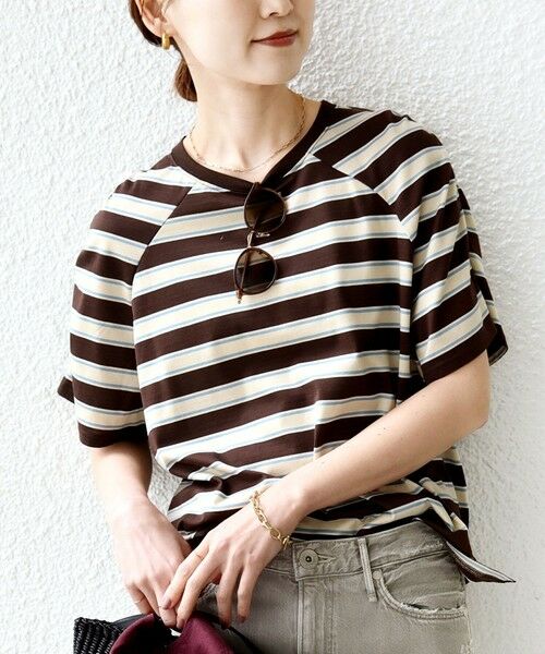 SHIPS / シップス Tシャツ | 《予約》〈手洗い可能〉ボーダー / ソリッド 袖ギャザー ショートスリーブ プルオーバー（ブラウン）