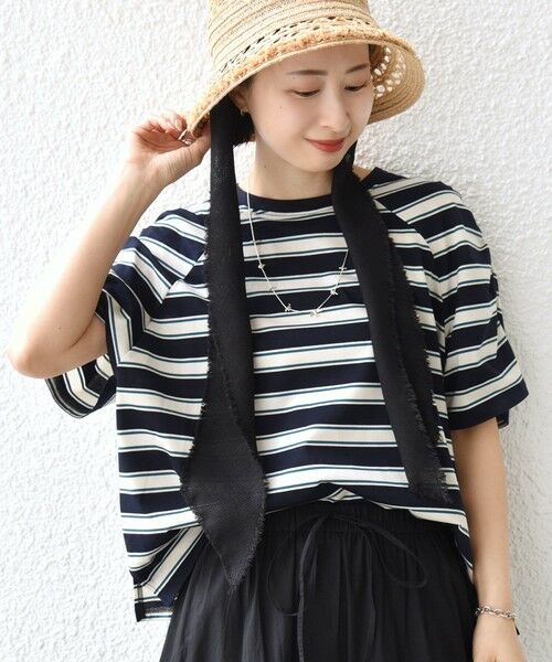 SHIPS / シップス Tシャツ | 《予約》〈手洗い可能〉ボーダー / ソリッド 袖ギャザー ショートスリーブ プルオーバー（ネイビー）