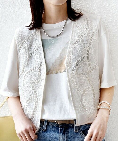 SHIPS / シップス ベスト | 《予約》〈手洗い可能〉オープン ワーク レース 刺繍 ベスト（オフホワイト）