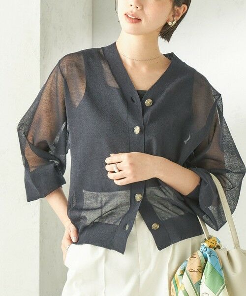 SHIPS / シップス カーディガン・ボレロ | 《予約》〈手洗い可能〉麻混 シアー Vネック カーディガン（ネイビー）