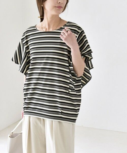 SHIPS / シップス Tシャツ | 《予約》quaranciel:〈洗濯機可能〉マルチボーダー ラッフル コクーン プルオーバー（ブラック）