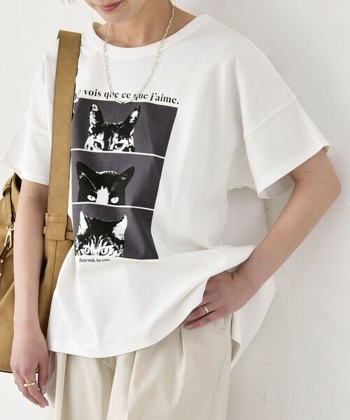 SHIPS / シップス Tシャツ | 《予約》quaranciel:〈接触冷感/汗染み防止加工/洗濯機可能〉CAT プリント TEE（ホワイト系2）