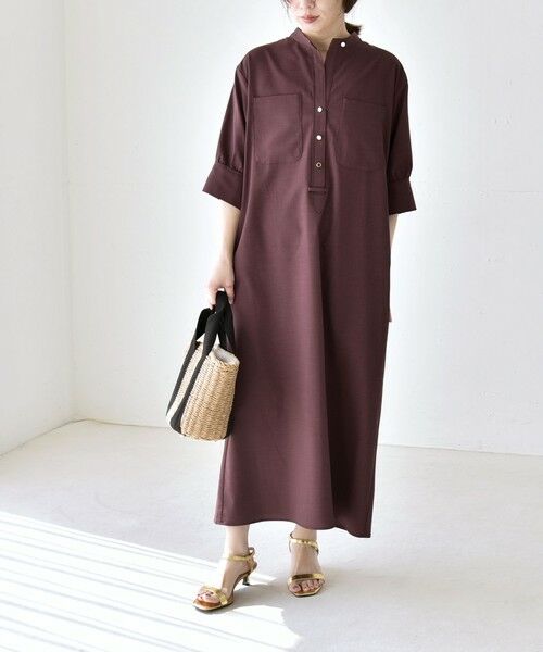 SHIPS / シップス ロング・マキシ丈ワンピース | 《予約》quaranciel:〈洗濯機可能〉CALCULO(R)使用 バンドカラー シャツ ワンピース（ブラウン）
